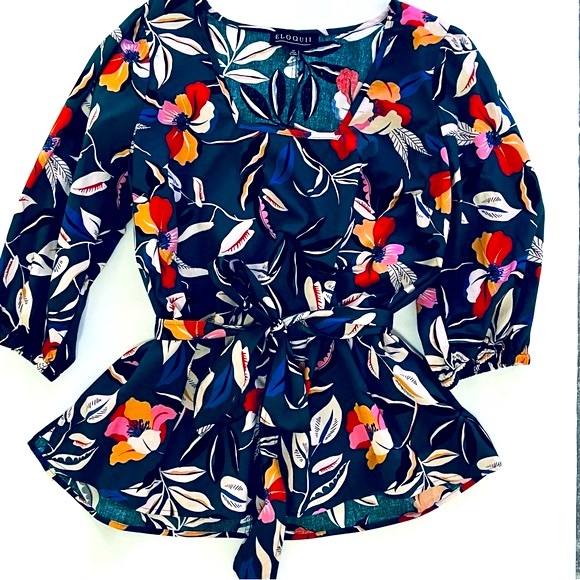 Women’s ELOQUII Green Floral Peplum Wrap Top Blouse Sz 14 NWOT Green Floral Belt - Picture 2 of 7